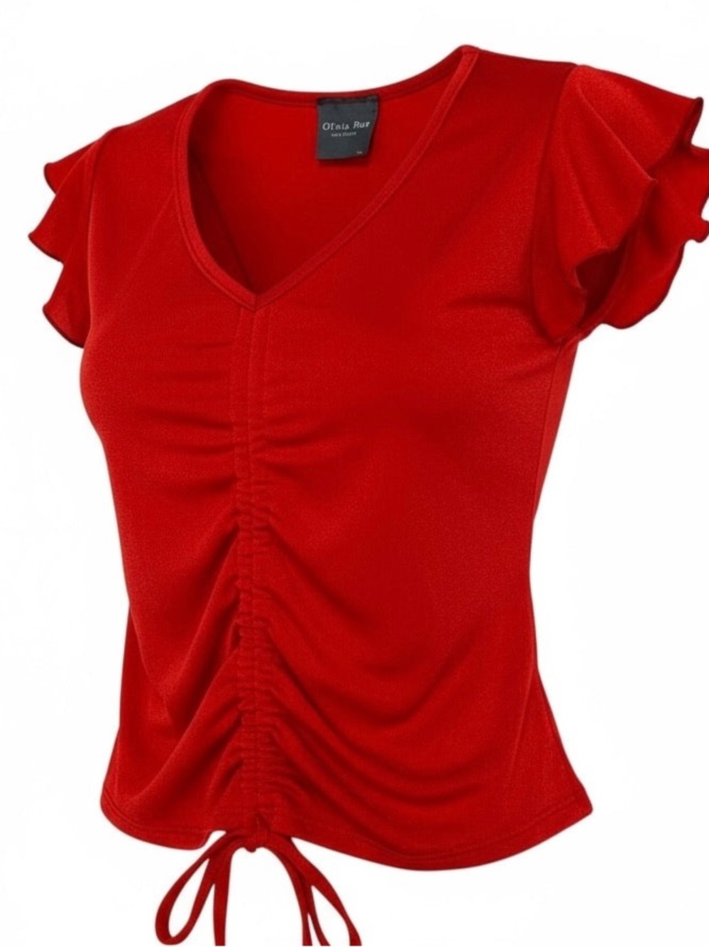 Women's XS Red Top Soft Stretch Knit Cinched Short Sleeve Low Cut V-Neck Shirt